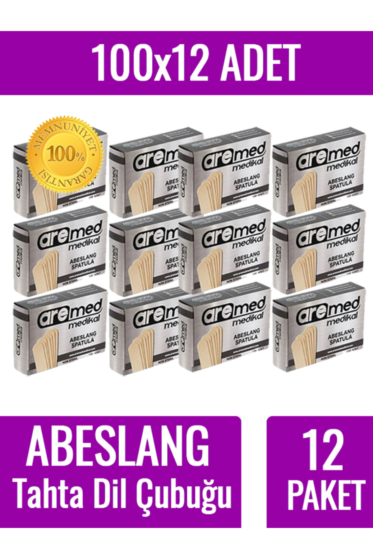 100'lü 12 Paket Abeslang Tahta Dil Çubuğu Basacağı - Ağda Spatulası, Spatula (12 PAKET) 100x12 Kutu